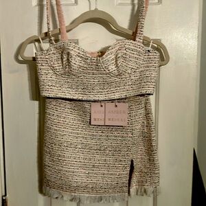 AMBERXMESHKI Gabrielle tweed mini skirt, top:white, pink, gray, brown and silver